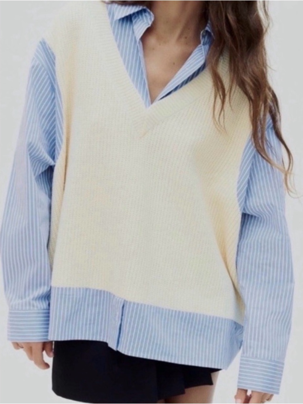 Zara Oversized Oxford Shirt/Sweater Top Cream with Blue and White Stripes